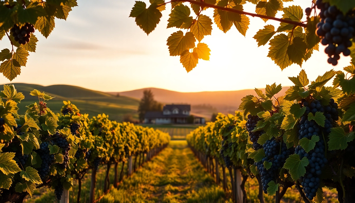 Vibrant Clarksburg vineyard with ripe grapes and scenic hills during sunset.