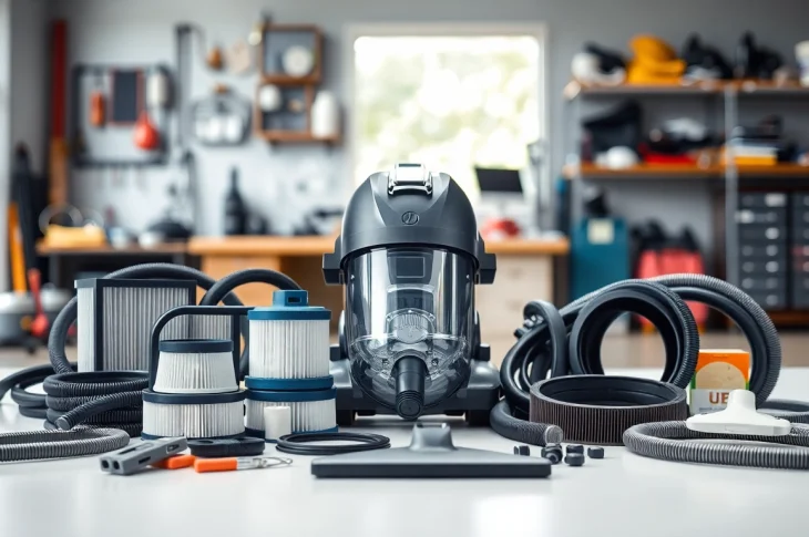 Explore vacuum spare part options with various components displayed on a clean workspace.