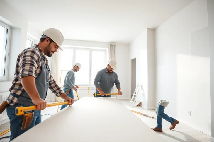 Skilled drywall contractors efficiently installing drywall in a bright residential setting.