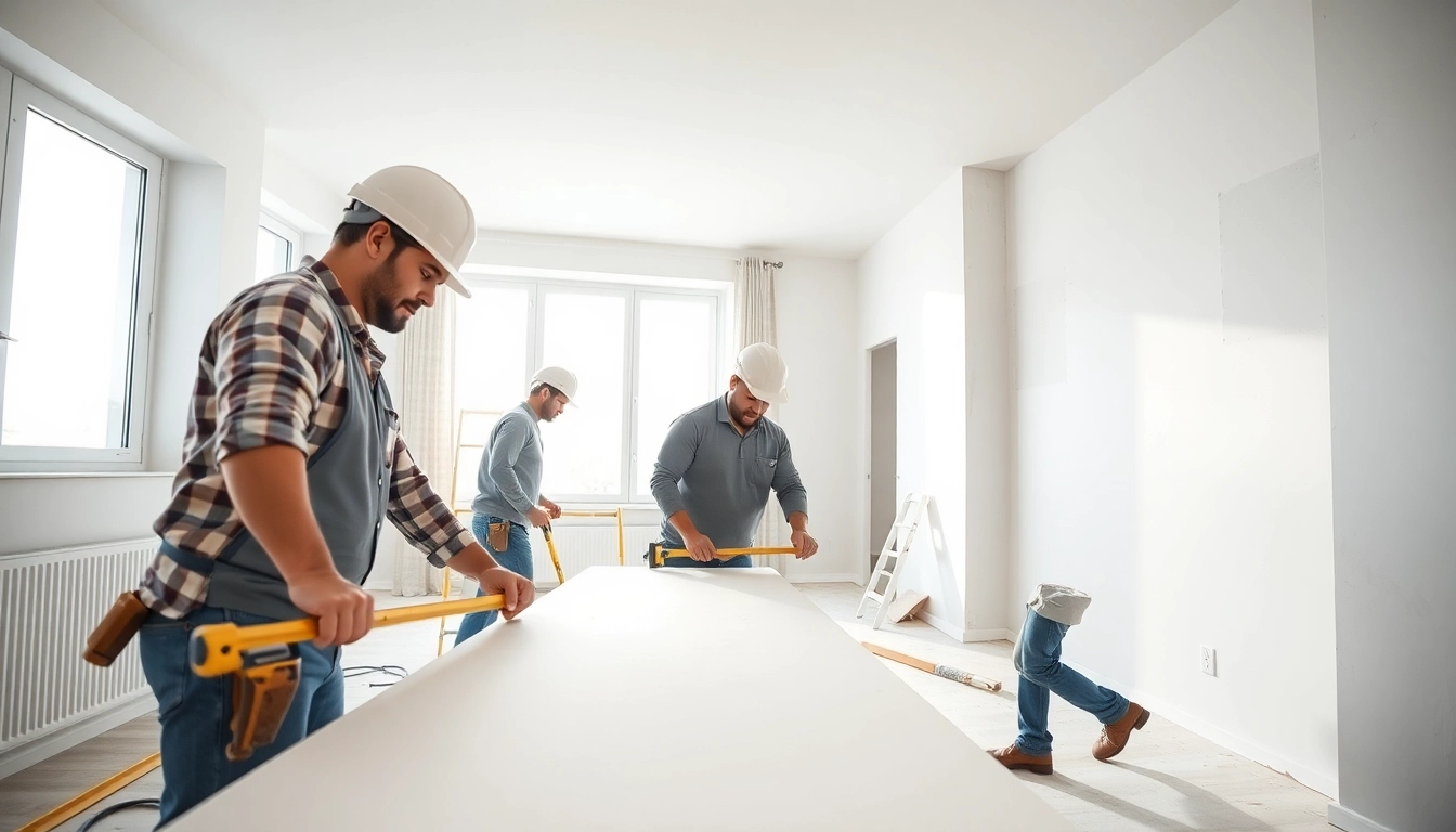 Skilled drywall contractors efficiently installing drywall in a bright residential setting.