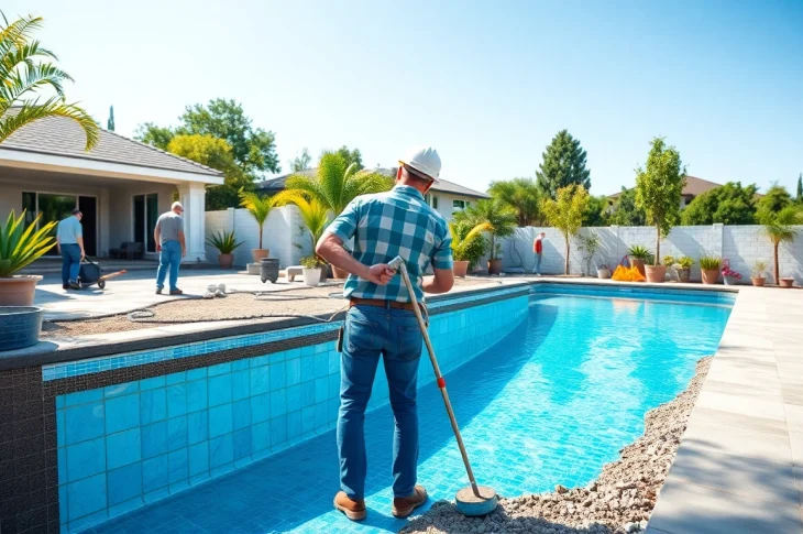 Engaging scene of pool construction with workers installing a modern swimming pool in a sunny backyard.