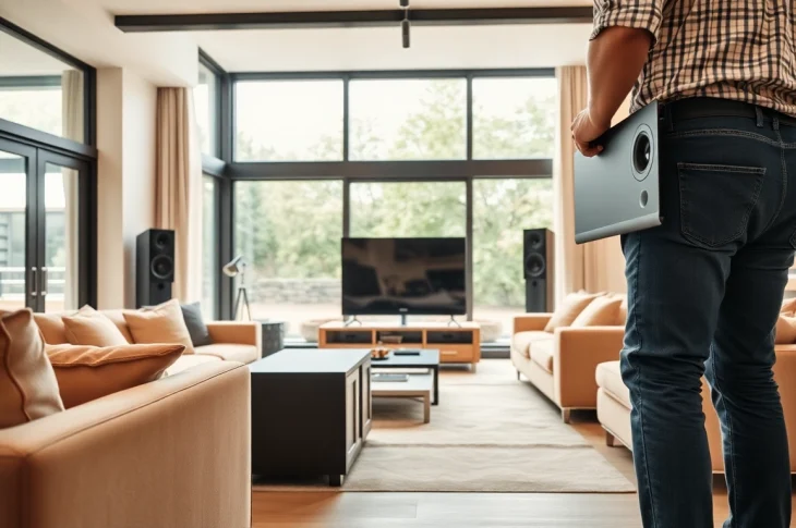 Setting up a home audio installation near me with expert technicians in a stylish living room.