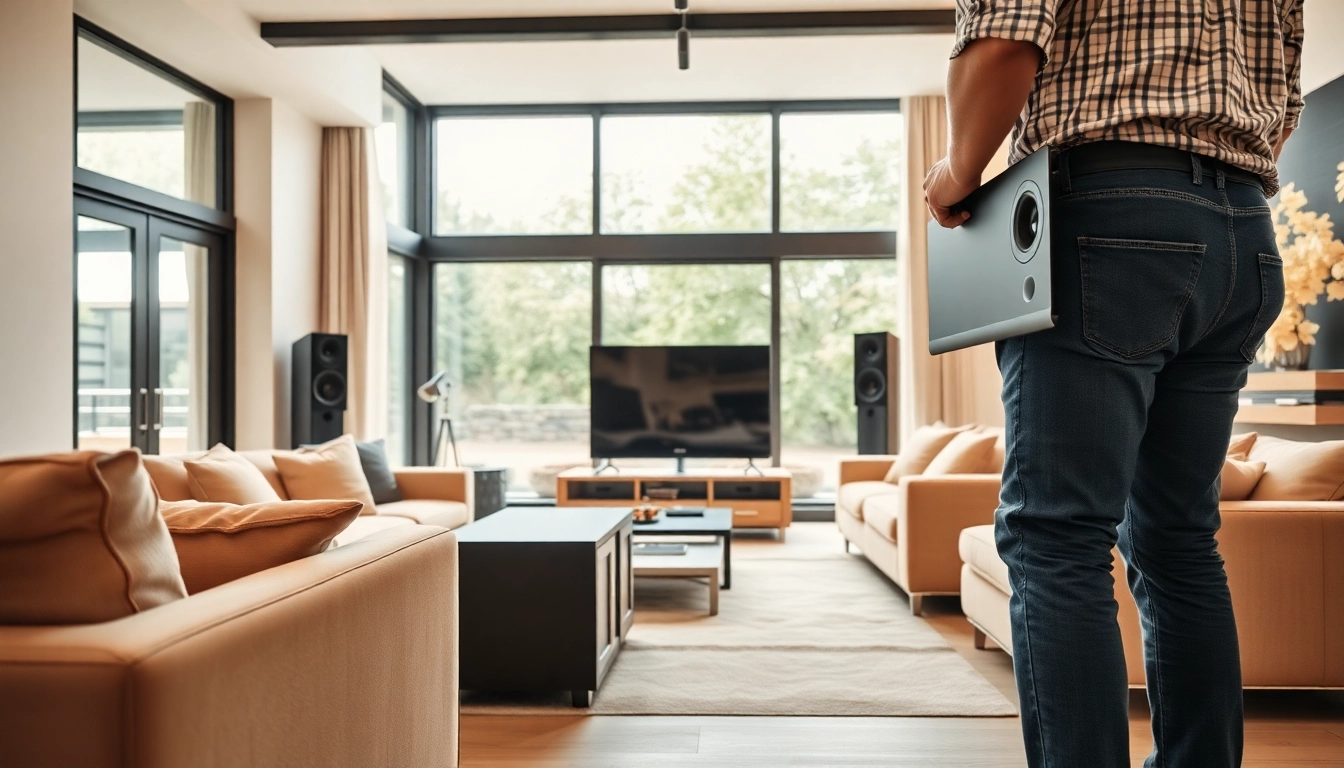 Setting up a home audio installation near me with expert technicians in a stylish living room.