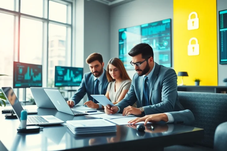Implementing Cyber security services with professional experts in a modern office setting.