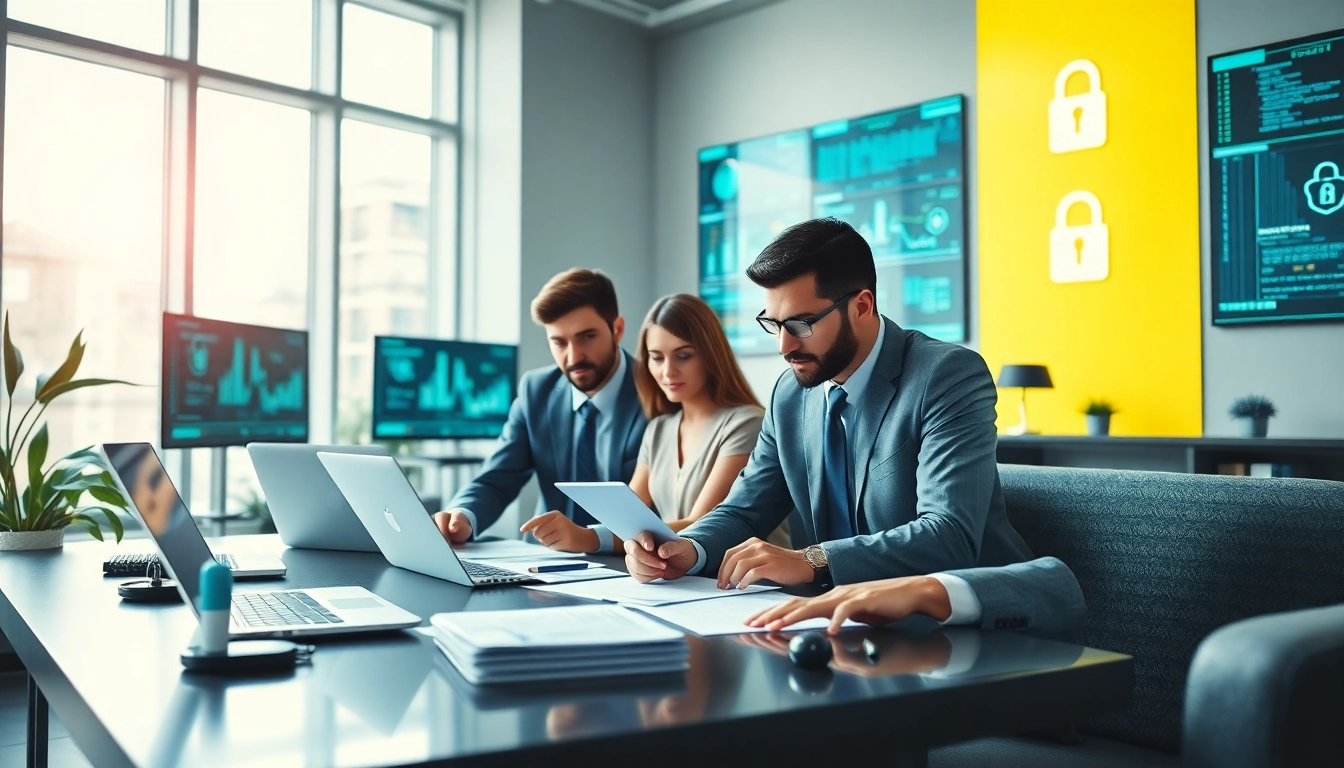 Implementing Cyber security services with professional experts in a modern office setting.
