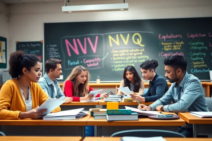 Navigating NVQ Answers with students collaborating in a bright classroom environment.