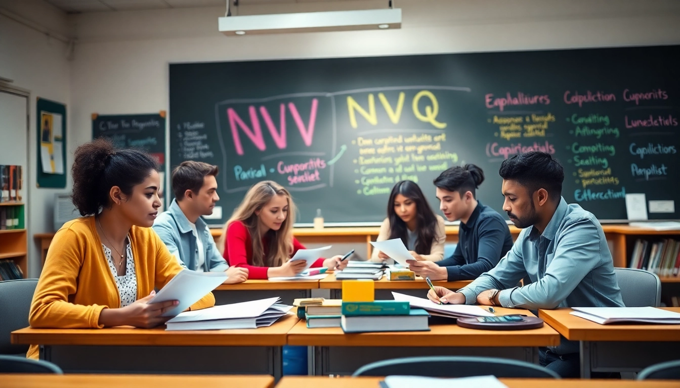 Navigating NVQ Answers with students collaborating in a bright classroom environment.