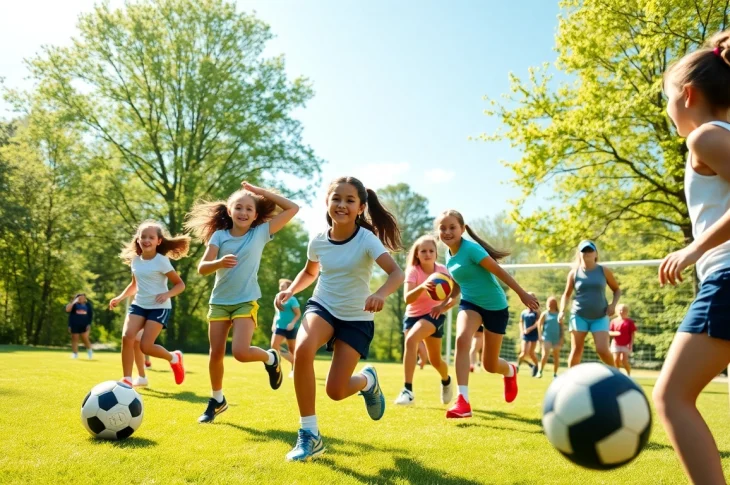 Girls enjoying Multi Sports Camps for Girls through teamwork and diverse sports activities in a vibrant summer setting.