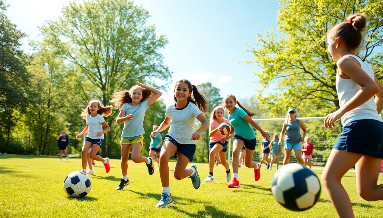 Girls enjoying Multi Sports Camps for Girls through teamwork and diverse sports activities in a vibrant summer setting.