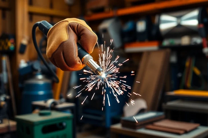 Welder using protective welding gloves while working with sparks
