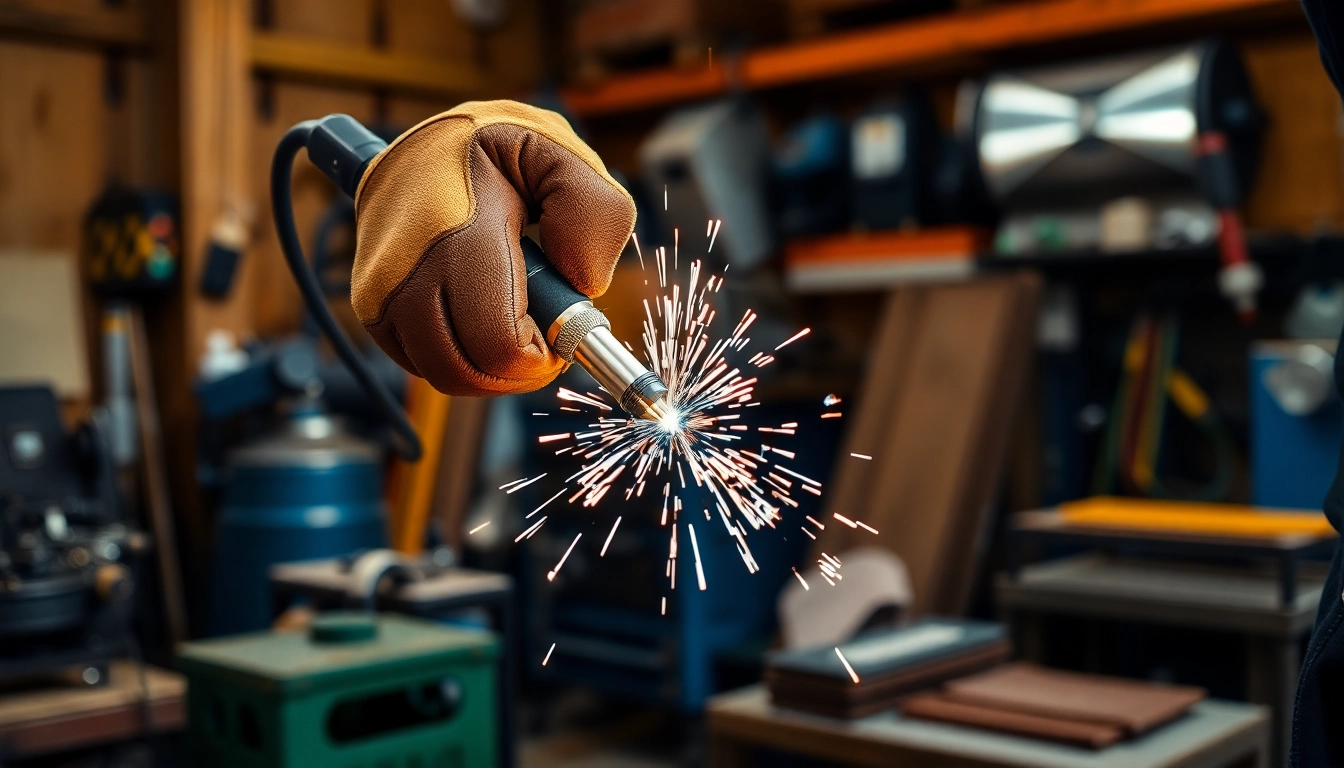 Welder using protective welding gloves while working with sparks