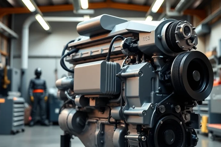 Find a Cummins ISX engine for sale displayed prominently in a professional workshop.