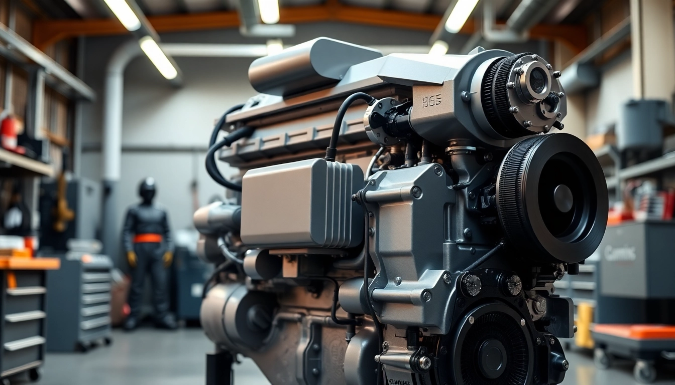 Find a Cummins ISX engine for sale displayed prominently in a professional workshop.