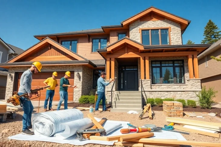 Custom home builders near me collaborating on a stylish new house in a sunny neighborhood.