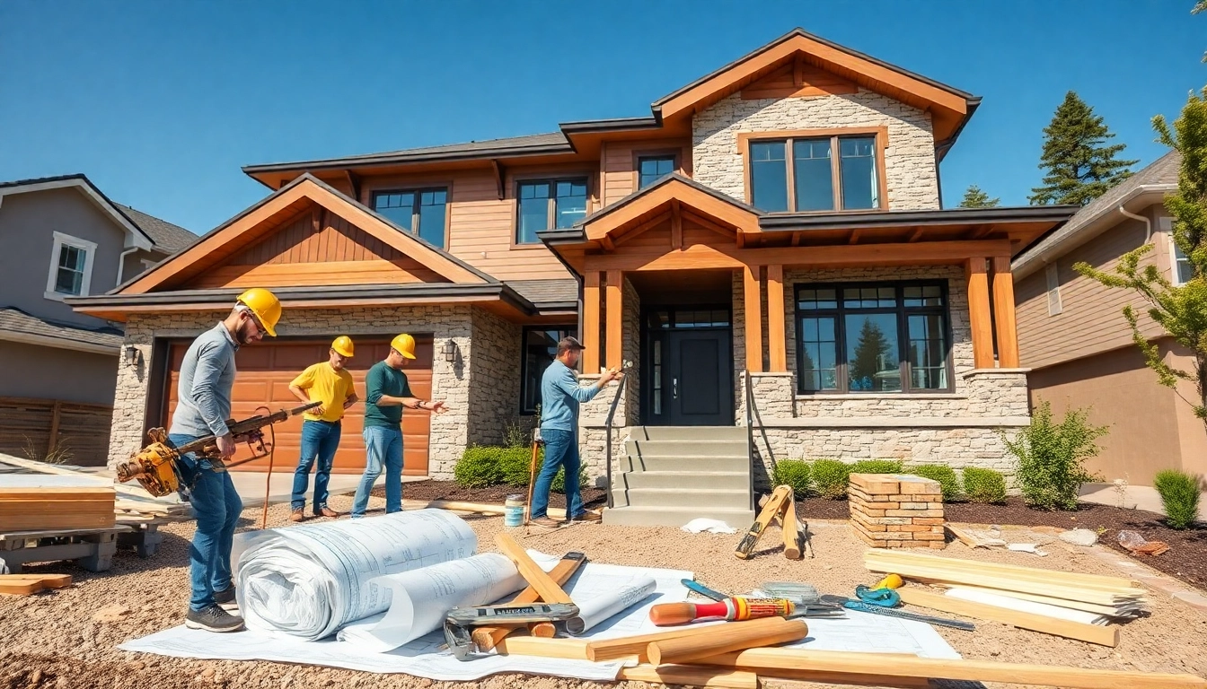 Custom home builders near me collaborating on a stylish new house in a sunny neighborhood.