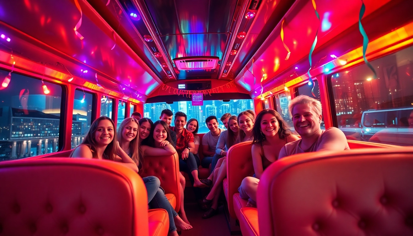 Experience a lively party bus interior filled with friends celebrating together.
