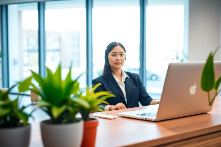 Engaging Virtual Answer Service professional assisting clients at a modern office.