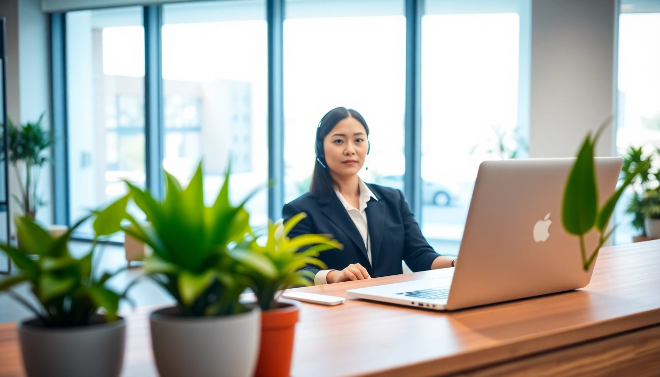 Engaging Virtual Answer Service professional assisting clients at a modern office.