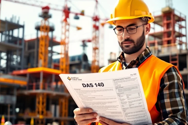Contractor reviewing DAS 140 form at a construction site for compliance.