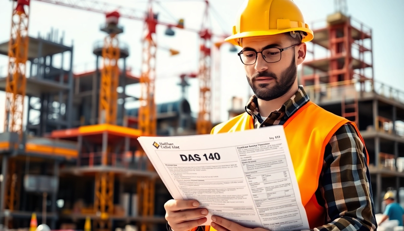 Contractor reviewing DAS 140 form at a construction site for compliance.