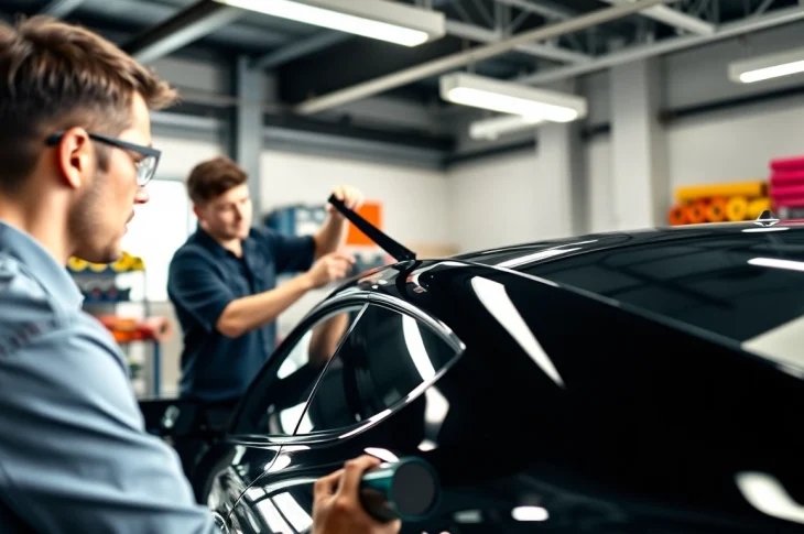 Applying car tint film expertly to enhance vehicle aesthetics and protection.