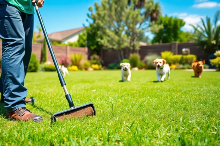 Alamo Ranch poop scooper actively cleaning a pet-friendly yard, showcasing a vibrant and maintained environment.
