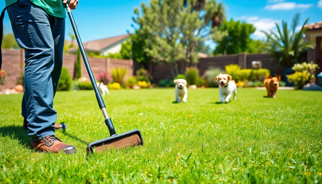 Alamo Ranch poop scooper actively cleaning a pet-friendly yard, showcasing a vibrant and maintained environment.