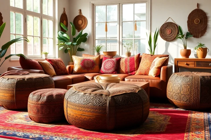 Stunning Moroccan Leather Poufs and Ottomans showcased in a vibrant bohemian living room.