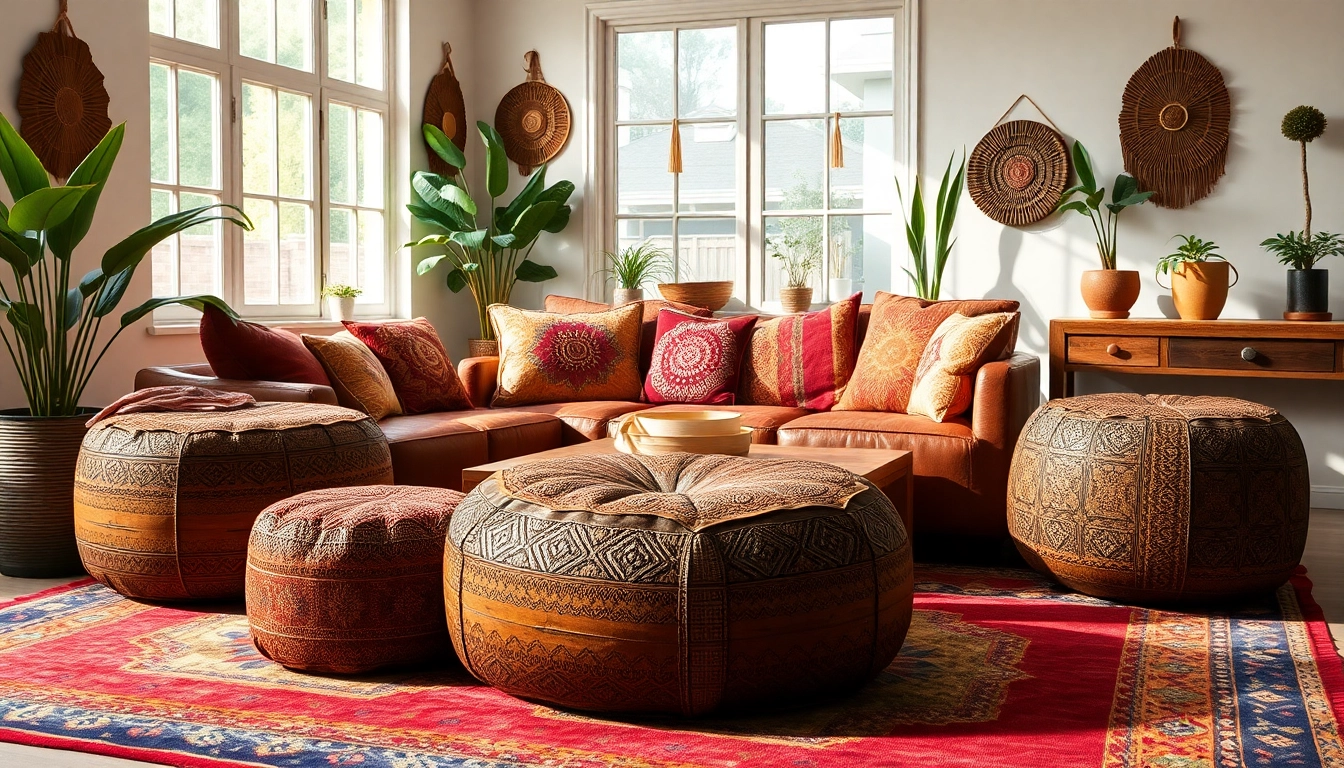 Stunning Moroccan Leather Poufs and Ottomans showcased in a vibrant bohemian living room.
