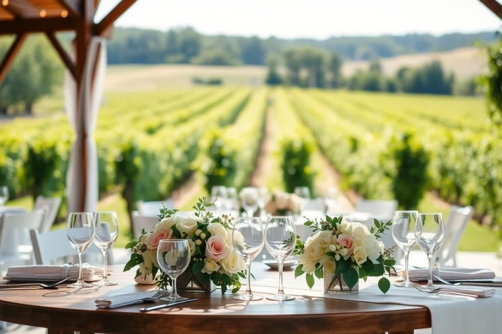Stunning setup for clarksburg wedding venues with beautifully arranged tables among vineyards.