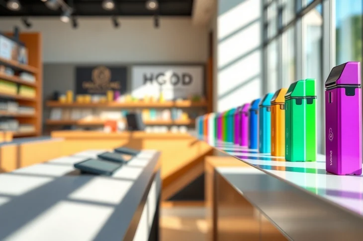 HQD pods in vibrant colors displayed prominently in a stylish vape shop setting.