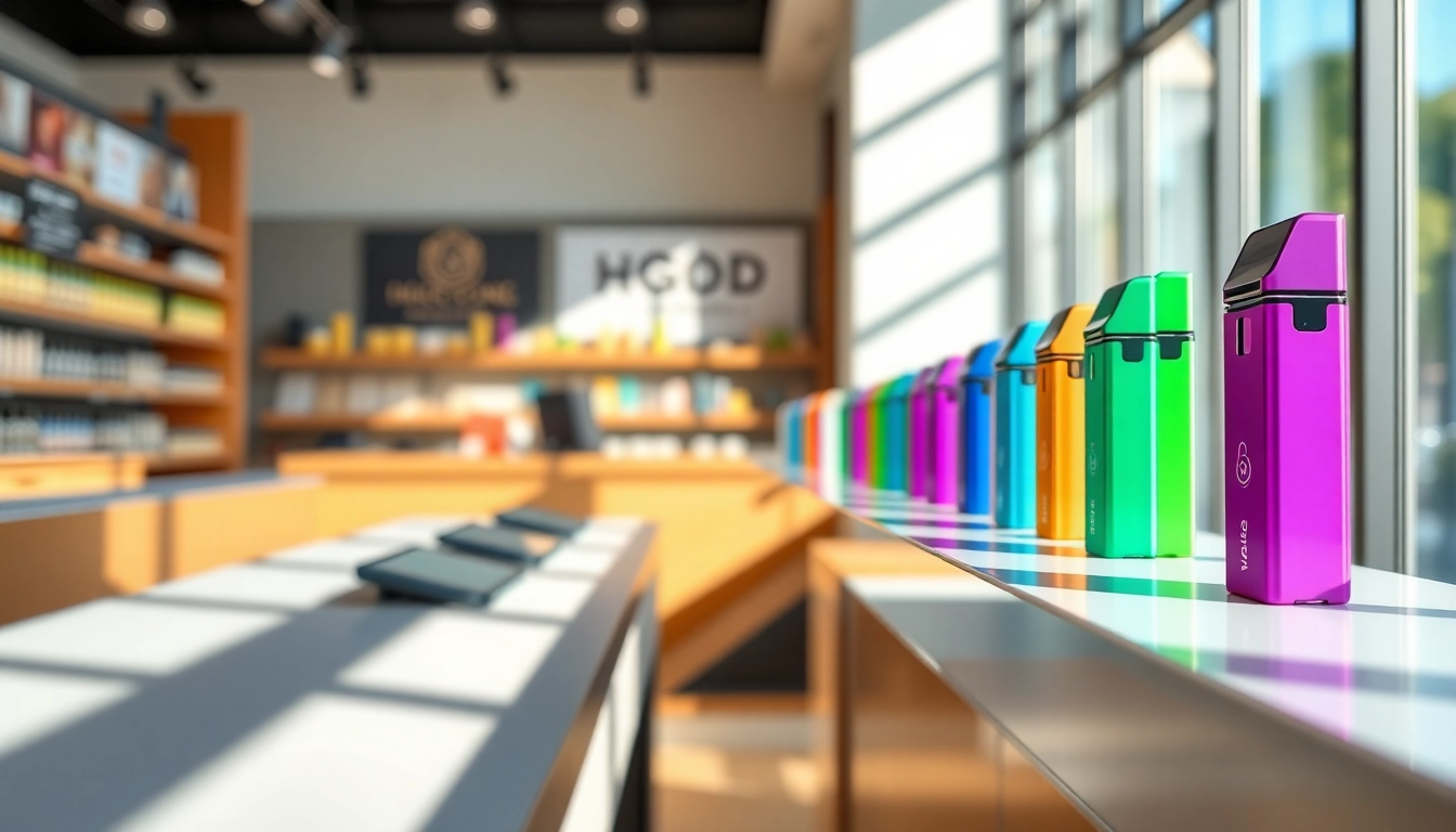 HQD pods in vibrant colors displayed prominently in a stylish vape shop setting.
