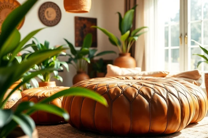 Handcrafted leather poufs from http://labboho.com/collections/leather-poufs-ottomans showcasing vintage charm in a stylish setting.