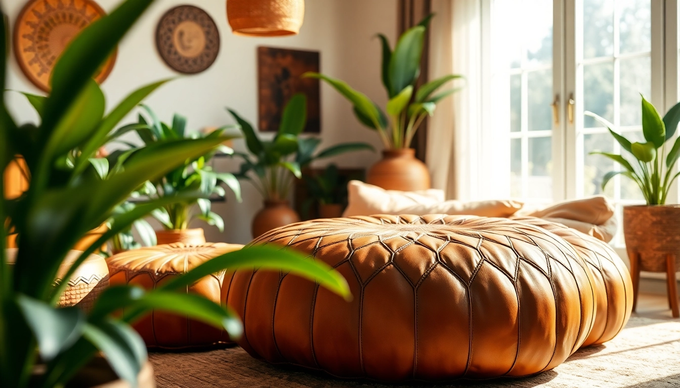 Handcrafted leather poufs from http://labboho.com/collections/leather-poufs-ottomans showcasing vintage charm in a stylish setting.