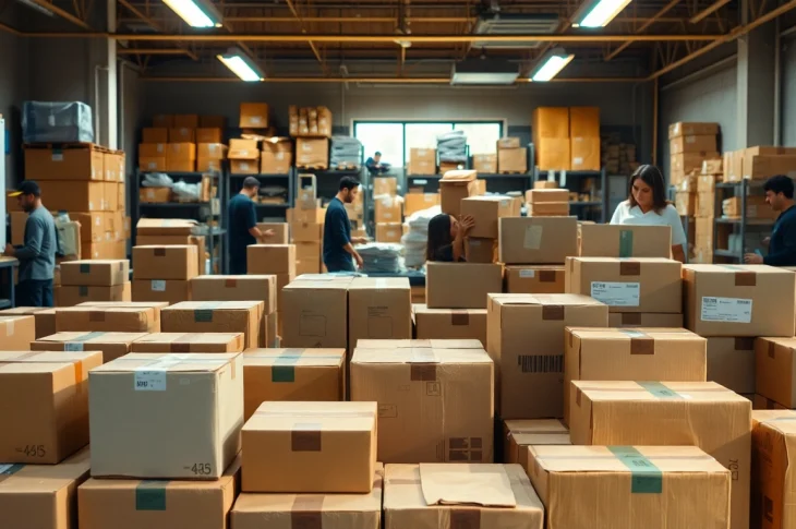 Arranging boxes in a bustling shipping center for efficient business operations.