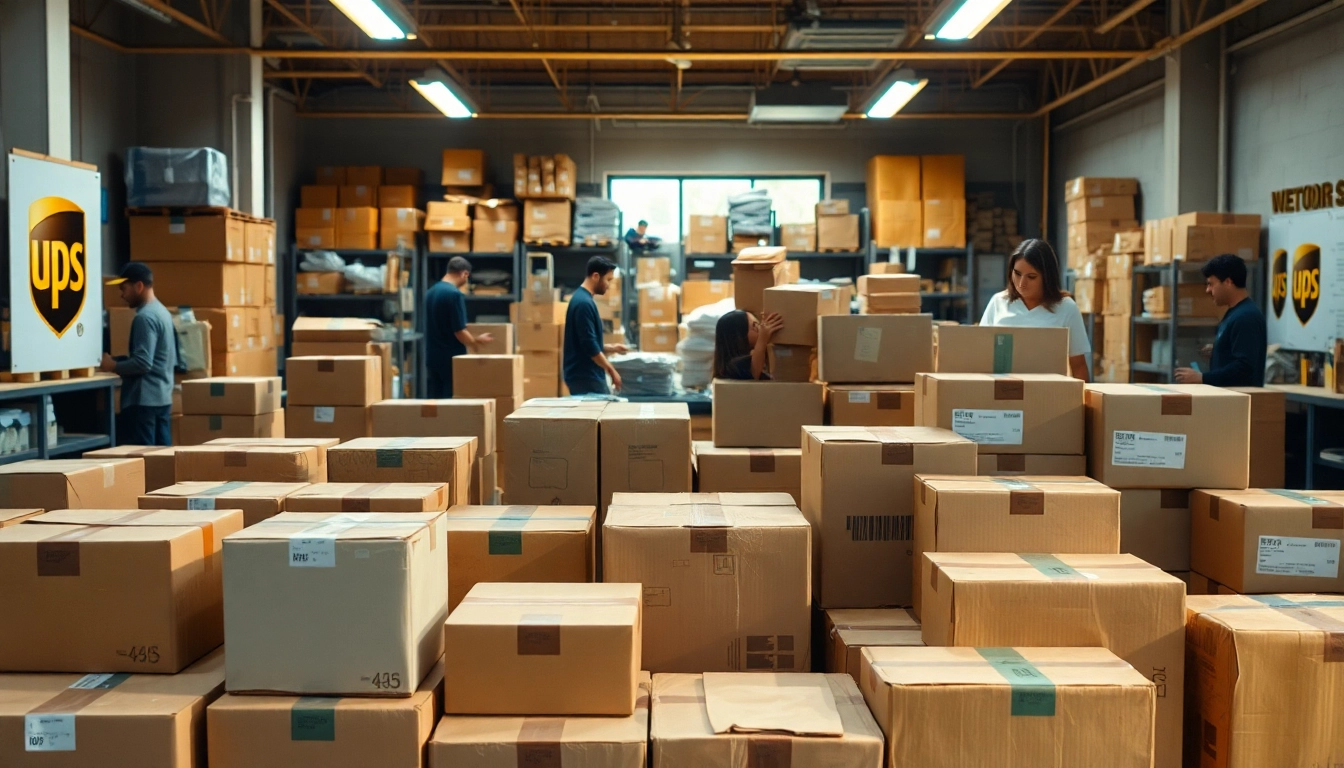 Arranging boxes in a bustling shipping center for efficient business operations.