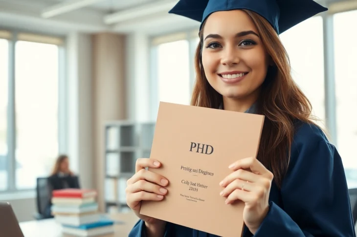 Learn where to buy PhD degree by seeing a proud graduate holding her diploma in a bright office.