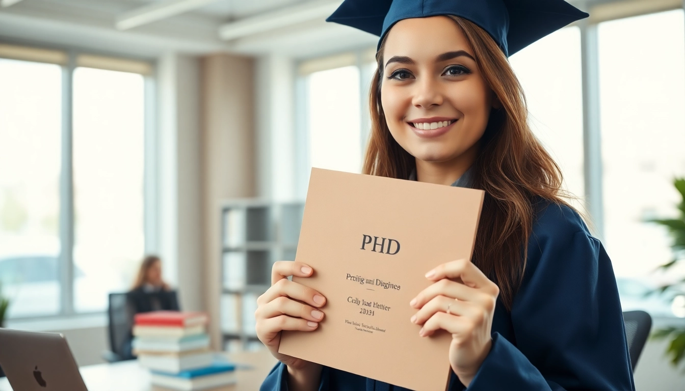 Learn where to buy PhD degree by seeing a proud graduate holding her diploma in a bright office.