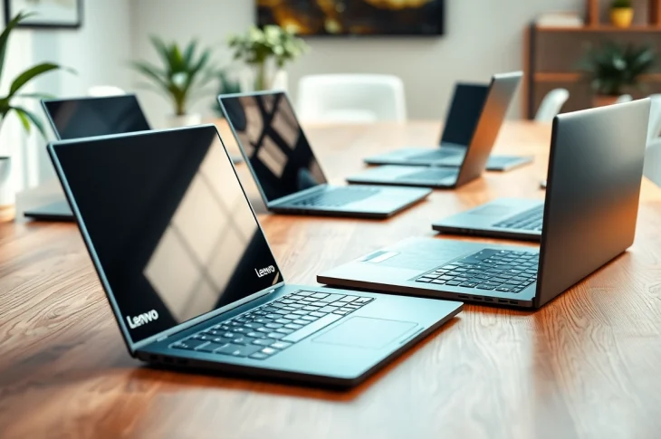 Comparar laptops lenovo en un entorno de oficina moderna con iluminación brillante.