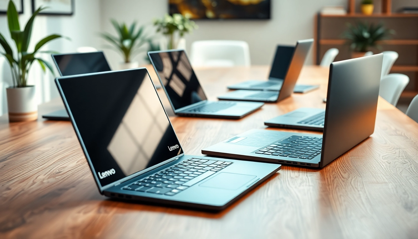 Comparar laptops lenovo en un entorno de oficina moderna con iluminación brillante.