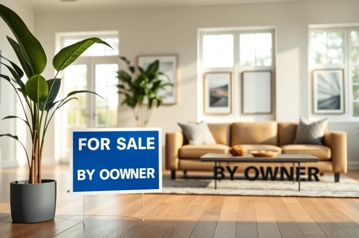 Sell my house no realtor Little Rock, ar with a contemporary living room showcasing a "For Sale by Owner" sign.