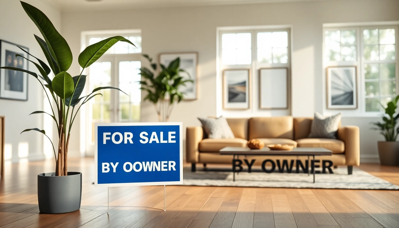 Sell my house no realtor Little Rock, ar with a contemporary living room showcasing a "For Sale by Owner" sign.
