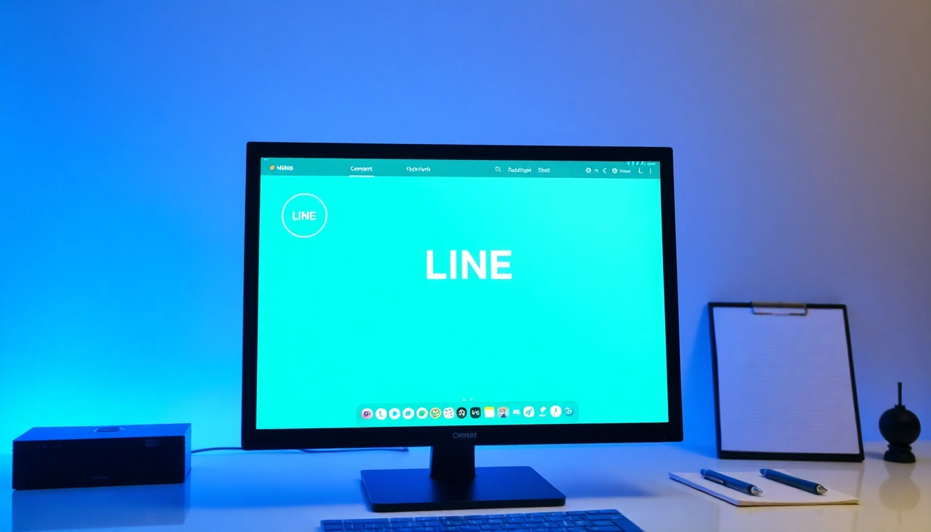 Download the 電腦版line下載 application while viewing a sleek computer setup with modern aesthetics.