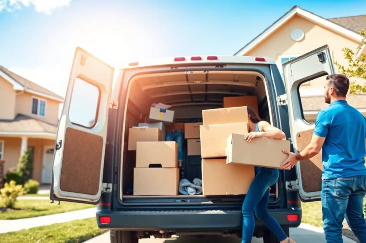 Efficient Man and van Moving service loading household items into a van in a sunny neighborhood.
