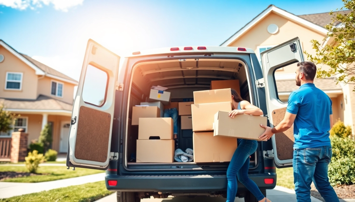 Efficient Man and van Moving service loading household items into a van in a sunny neighborhood.