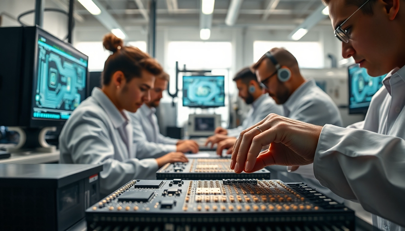 American engineers collaborating on microchip design in a high-tech factory.