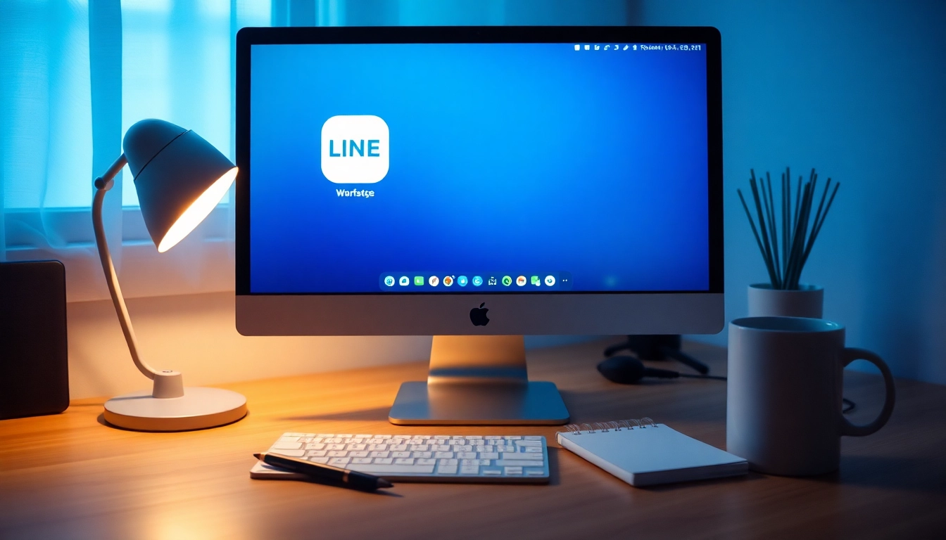 Download the 電腦版line下載 application interface on a computer screen in a modern workspace.