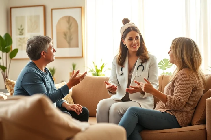 Engaging conversation between an attachment theory specialist and a client in a tranquil therapy setting.