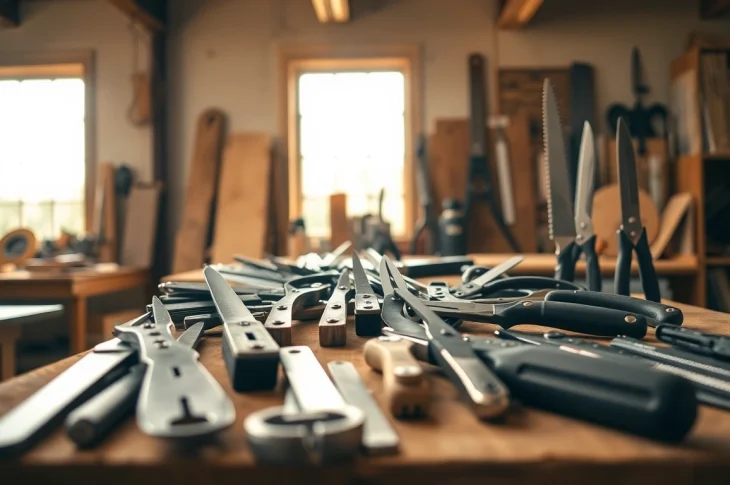 Showcasing various cutting equipment tools in a workshop, emphasizing quality and organization.