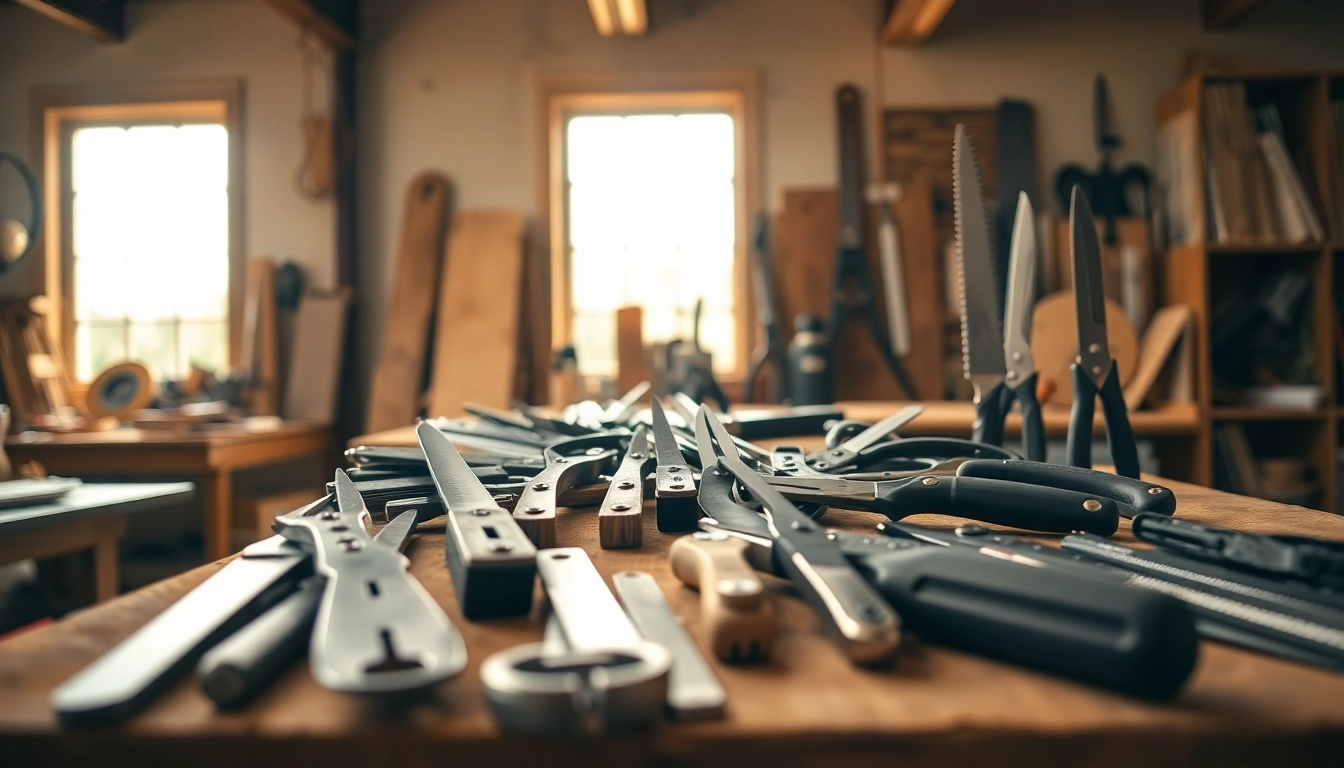 Showcasing various cutting equipment tools in a workshop, emphasizing quality and organization.